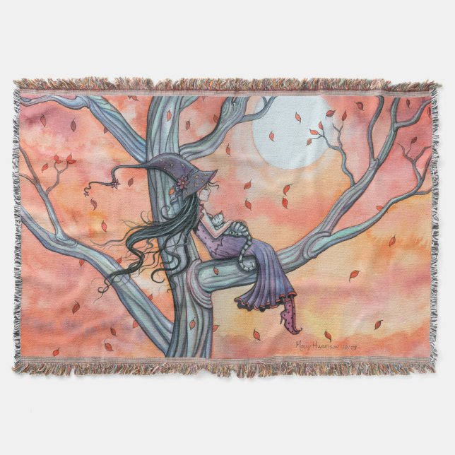 Fall Slumber Fantasy Witch Cat Halloween Art Throw Blanket (Front)