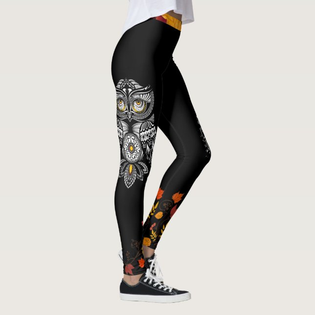 Fall Spirit Owl Autumn Leaves Pretty Black Leggings (Right)