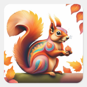 Fall Squirrel Alebrije Square Sticker