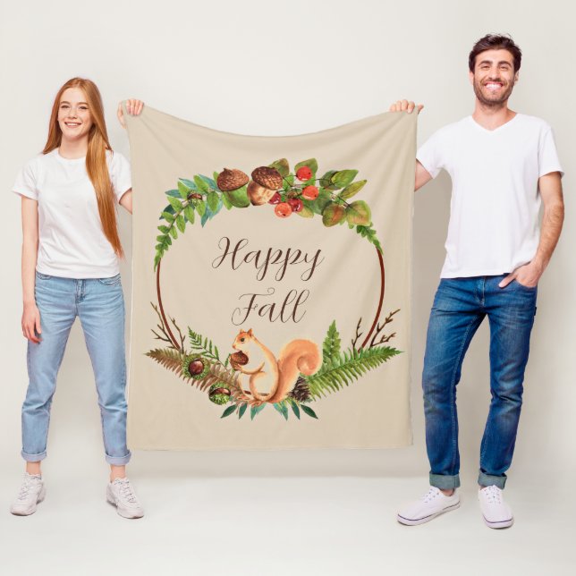 Fall squirrel and nature with customisable text  fleece blanket (In Situ)