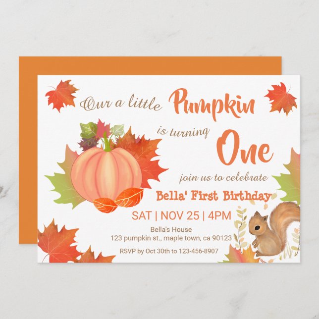Fall Squirrel Pumpkin First Birthday Invitations (Front/Back)