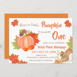 Fall Squirrel Pumpkin First Birthday Invitations