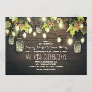 Fall String Lights and Mason Jars Rustic Wedding Invitation