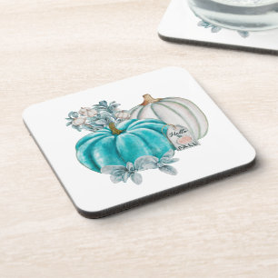Fall Stylish Watercolor Pumpkins Blue Pink Autumn Coaster