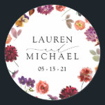 Fall Summer Garden Burnt Orange Flowers Wedding Classic Round Sticker<br><div class="desc">Welcome to Fall and Summer Garden Burnt Orange Flowers Wedding Classic Round Sticker – the perfect way to add a unique touch to your wedding! This sticker features a beautiful flat lay of vintage autumn and fall watercolor garden flowers in an array of colours: from dark burgundy, warm terracotta, and...</div>