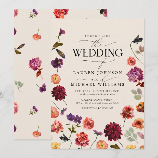 Fall Summer Garden Burnt Orange Flowers Wedding Invitation (Front/Back)