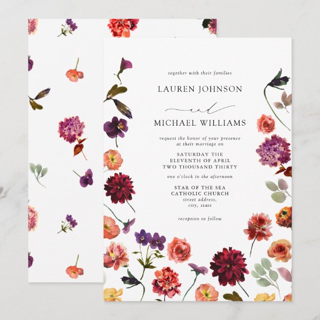 Fall Summer Garden Burnt Orange Flowers Wedding Invitation (Front/Back)