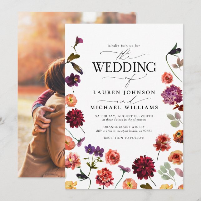 Fall Summer Garden Burnt Orange Photo Wedding Invitation (Front/Back)