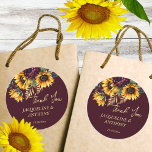 Fall summer wedding Burgundy sunflowers favour Classic Round Sticker<br><div class="desc">Fall summer wedding Burgundy and yellow sunflowers greenery burgundy background gold frame boho rustic floral wedding thank you favour stickers</div>