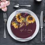 Fall summer wedding burgundy sunflowers template paper plate<br><div class="desc">Fall summer wedding Burgundy and yellow sunflowers greenery burgundy background gold frame boho rustic floral wedding template paper plates  personalised wedding tableware</div>