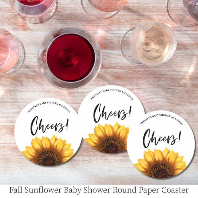 Fall Sunflower Baby Shower Round Paper Coaster (Creator Uploaded)
