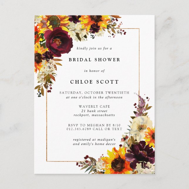 Fall Sunflower Bridal Shower Invitation  Postcard (Front)