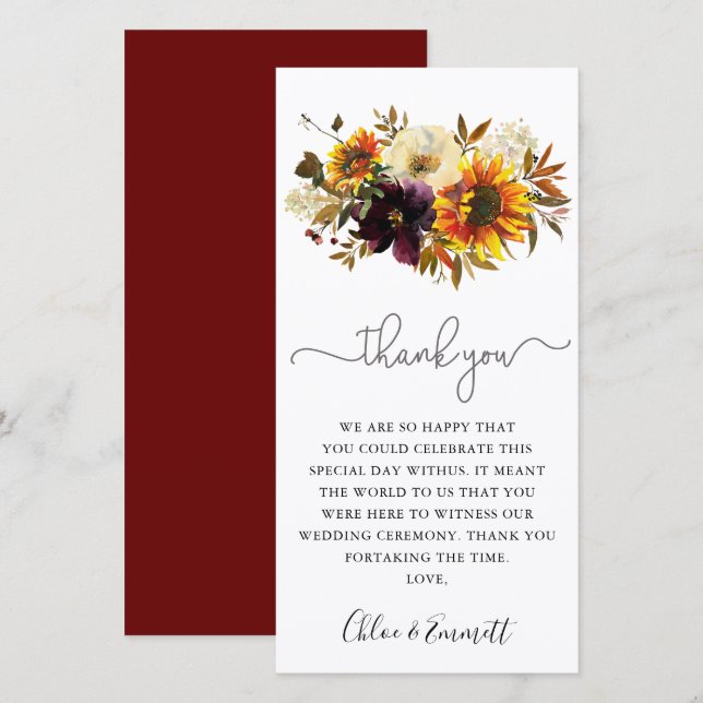 Fall Sunflower Burgundy Floral Wedding Thank You (Front/Back)
