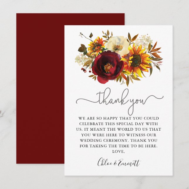 Fall Sunflower Burgundy Floral Wedding Thank You Card (Front/Back)