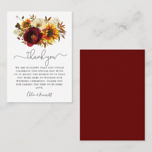 Fall Sunflower Burgundy Floral Wedding Thank You Place Card (Front/Back)