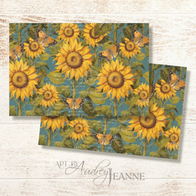 Fall Sunflower Butterfly Teal Ephemera Decoupage Tissue Paper (Creator Uploaded)