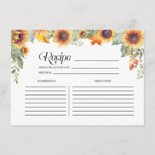 Fall Sunflower Floral Bridal Shower Recipe Card
