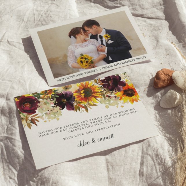Fall Sunflower Floral Photo Wedding Thank You Card (Creator Uploaded)