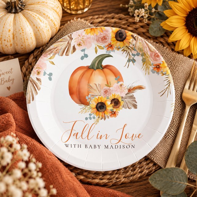 Fall Sunflower Pumpkin Baby Shower Paper Plate (Fall in Love Sunflower Pumpkin Paper Plates)