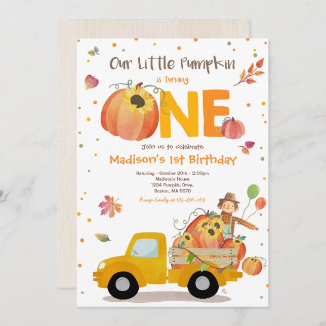 Fall Sunflower Pumpkin Birthday Pumpkin Patch Invitation (Front/Back)