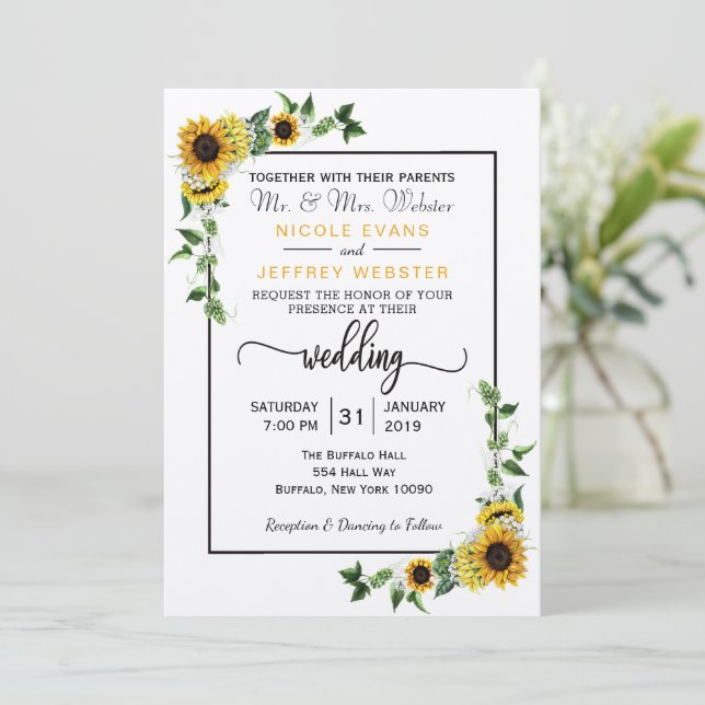 Fall Sunflower Rustic Barn Country Wedding Card (Standing Front)