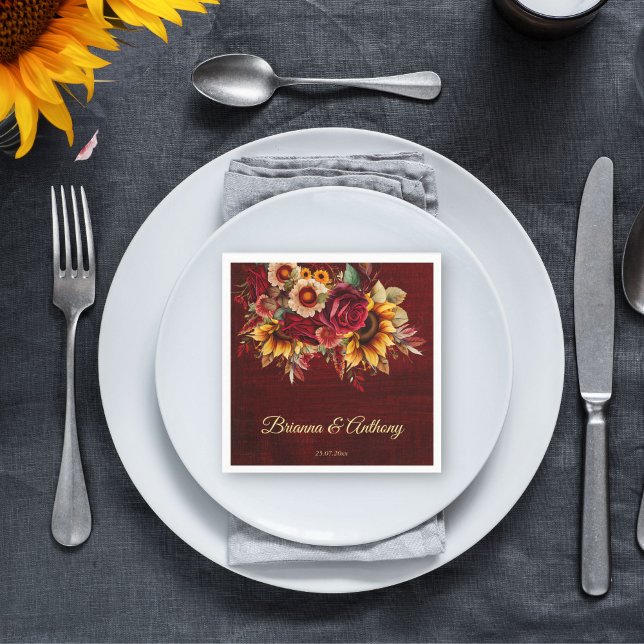 Fall sunflower wedding burgundy monogram printed napkin (Fall sunflower wedding burgundy monogram printed napkins template personalized sunflower tableware)
