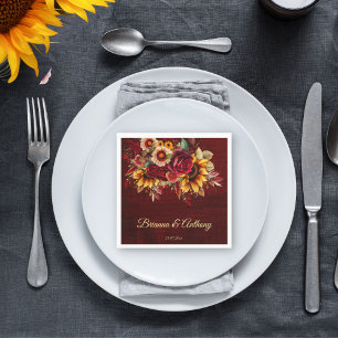 Fall sunflower wedding burgundy monogram printed napkin