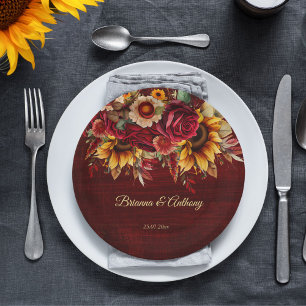 Fall sunflower wedding burgundy monogram printed paper plate