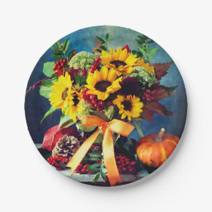 Fall Sunflowers and Bow, 7" Round Paper Plate