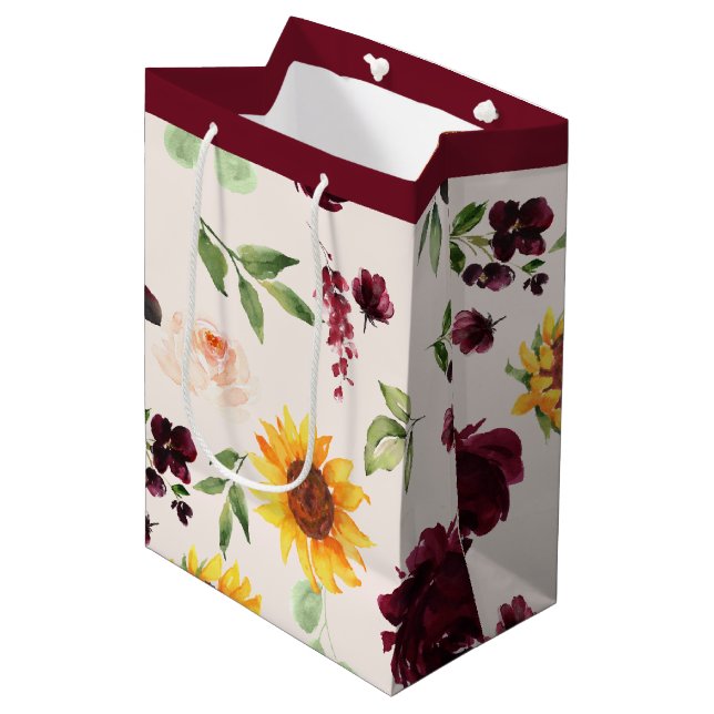 Fall Sunflowers and Burgundy Roses Bridal Shower Medium Gift Bag (Front Angled)
