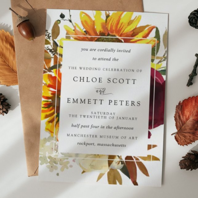 Fall Sunflowers Burgundy Rose Modern Wedding Invitation (Creator Uploaded)