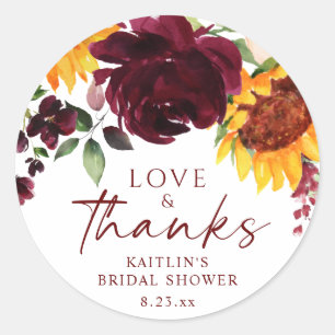 Fall Sunflowers & Burgundy Roses Bridal Shower Classic Round Sticker