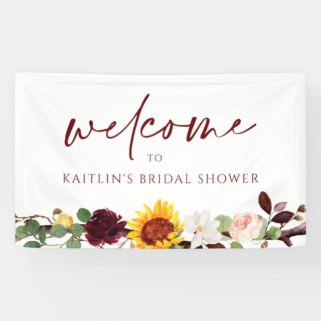 Fall Sunflowers Burgundy Wedding Bridal Shower Banner (Horizontal)