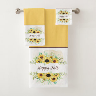 Fall Sunflowers frame with customisable text  Bath Towel Set