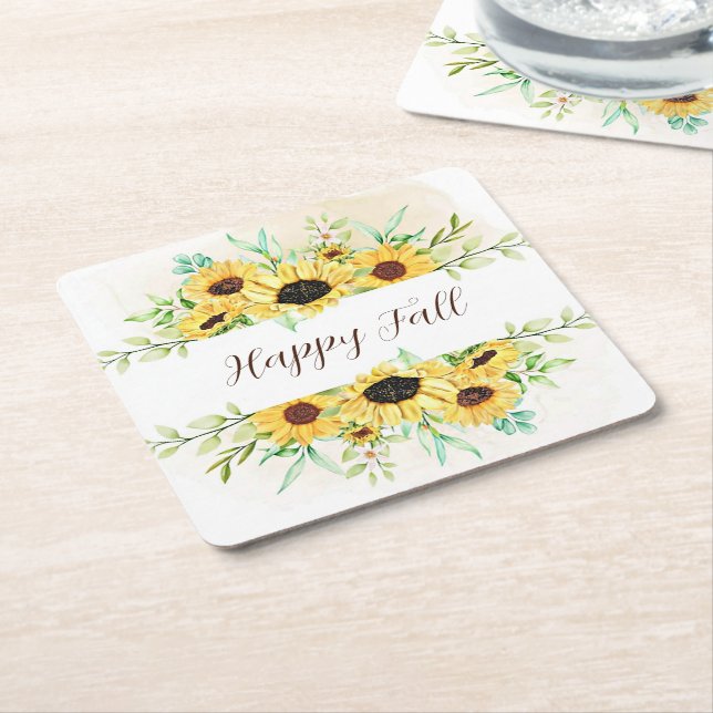 Fall Sunflowers frame with customisable text Square Paper Coaster (Angled)
