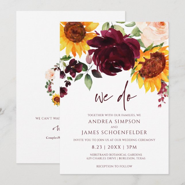 Fall Sunflowers Roses Burgundy Red Autumn Wedding Invitation (Front/Back)