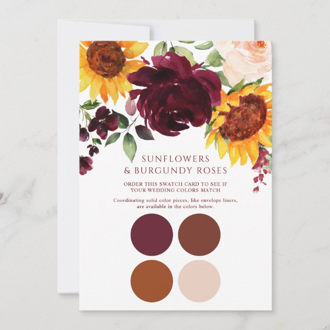 Fall Sunflowers Roses Burgundy Wedding Swatch Card (Front)
