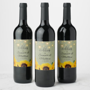 Fall Sunflowers Sage Wood String Of Lights Wedding Wine Label