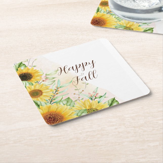Fall sunflowers with customisable text  square paper coaster (Angled)