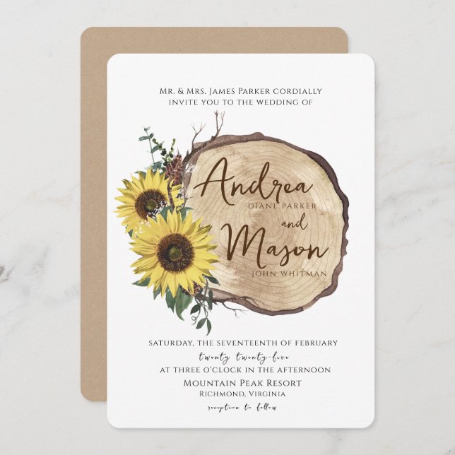 Fall Sunflowers Wood Slice Rustic Wedding Invitati Invitation (Front/Back)