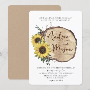 Fall Sunflowers Wood Slice Rustic Wedding Invitati Invitation