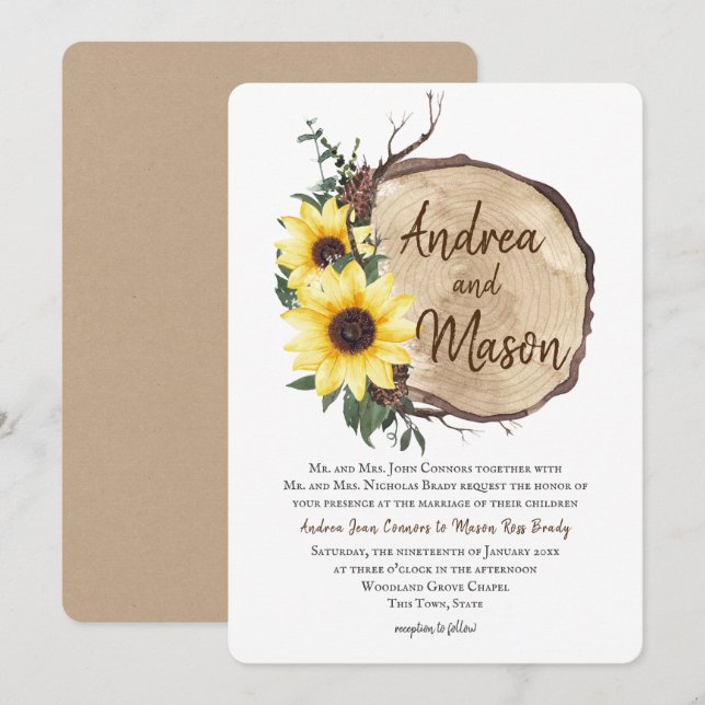 Fall Sunflowers Wood Slice Rustic Wedding Invitation (Front/Back)