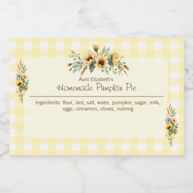Fall Sunflowers Yellow Gingham Floral  Food Label (Single Label)