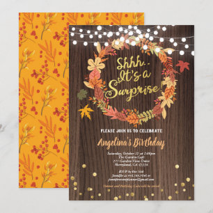 Fall surprise birthday party thanksgiving gold invitation
