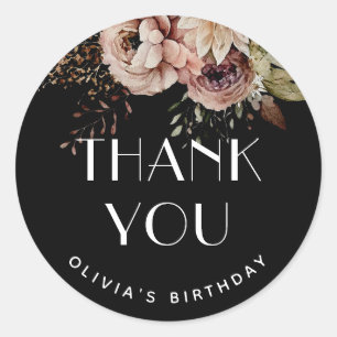Fall Sweet 16 Thank You   Black Boho Floral Favour Classic Round Sticker