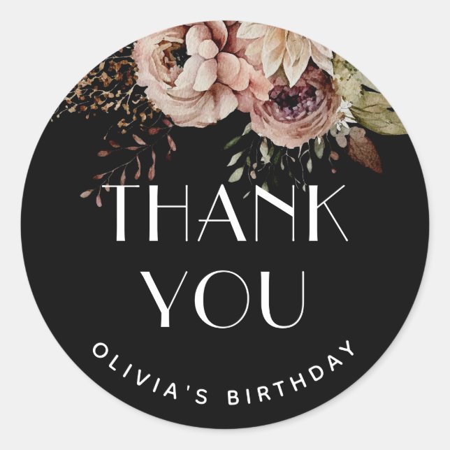 Fall Sweet 16 Thank You | Black Boho Floral Favour Classic Round Sticker (Front)