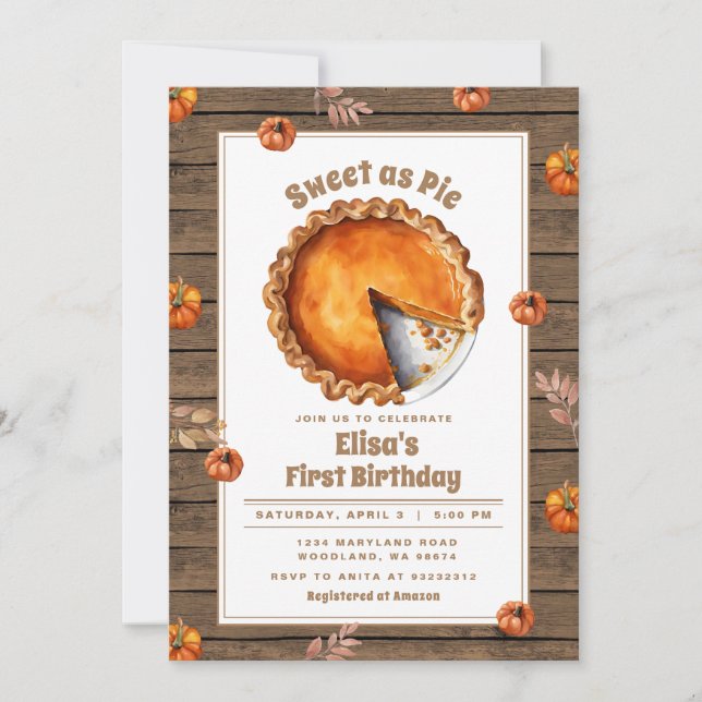 Fall Sweet as Pie Party Birthday invitation (Front)