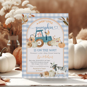 Fall Sweet Little Pumpkin Blue Gingham Baby Shower Invitation
