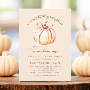 Fall Sweet Little Pumpkin Pink Bow Baby Shower Invitation