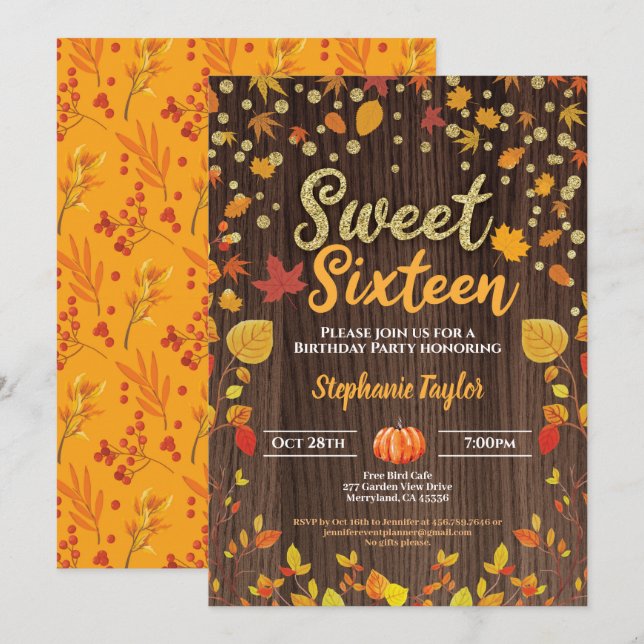 Fall sweet sixteen 16 birthday party rustic wood invitation (Front/Back)